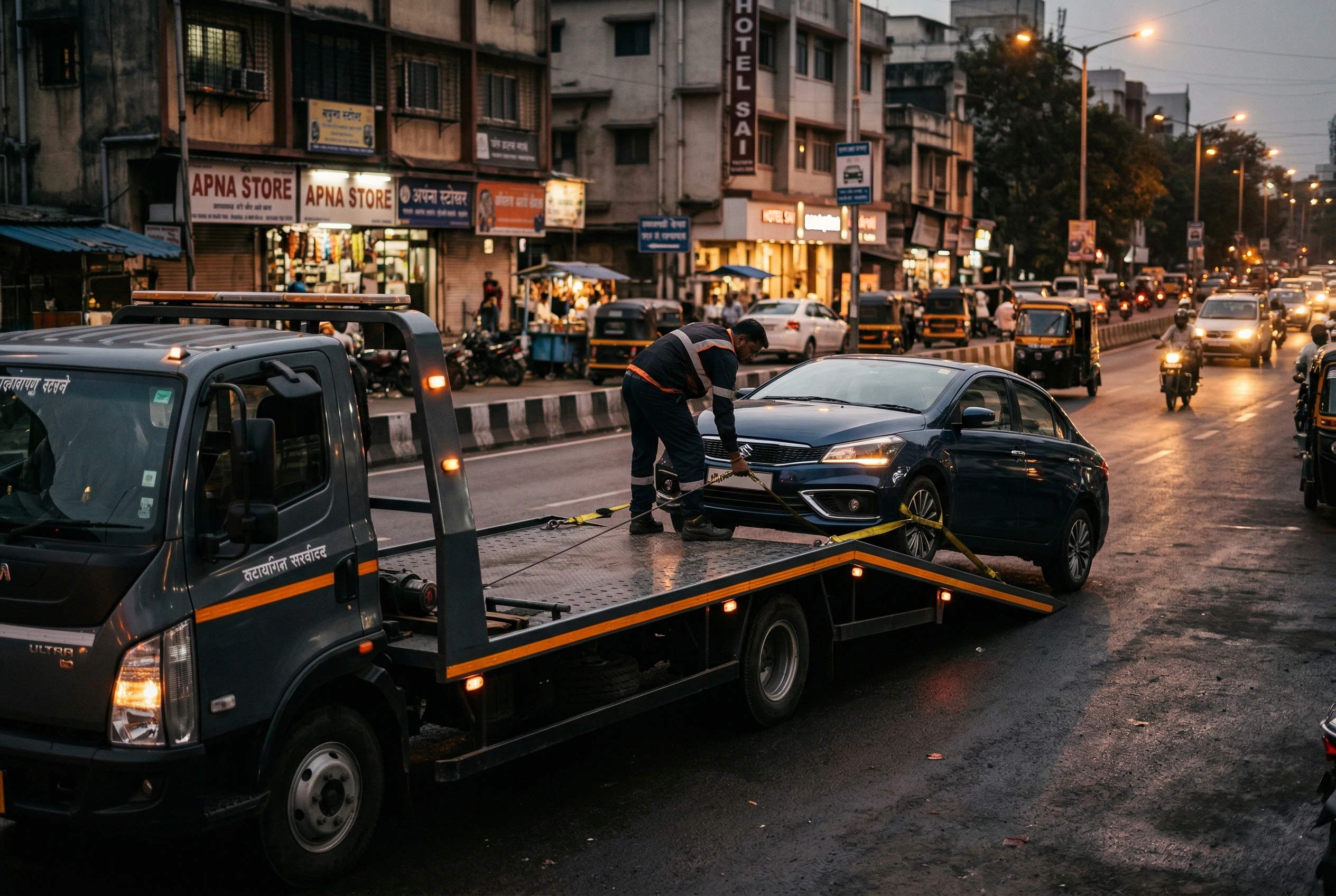 Car towing service in Pune with flatbed truck