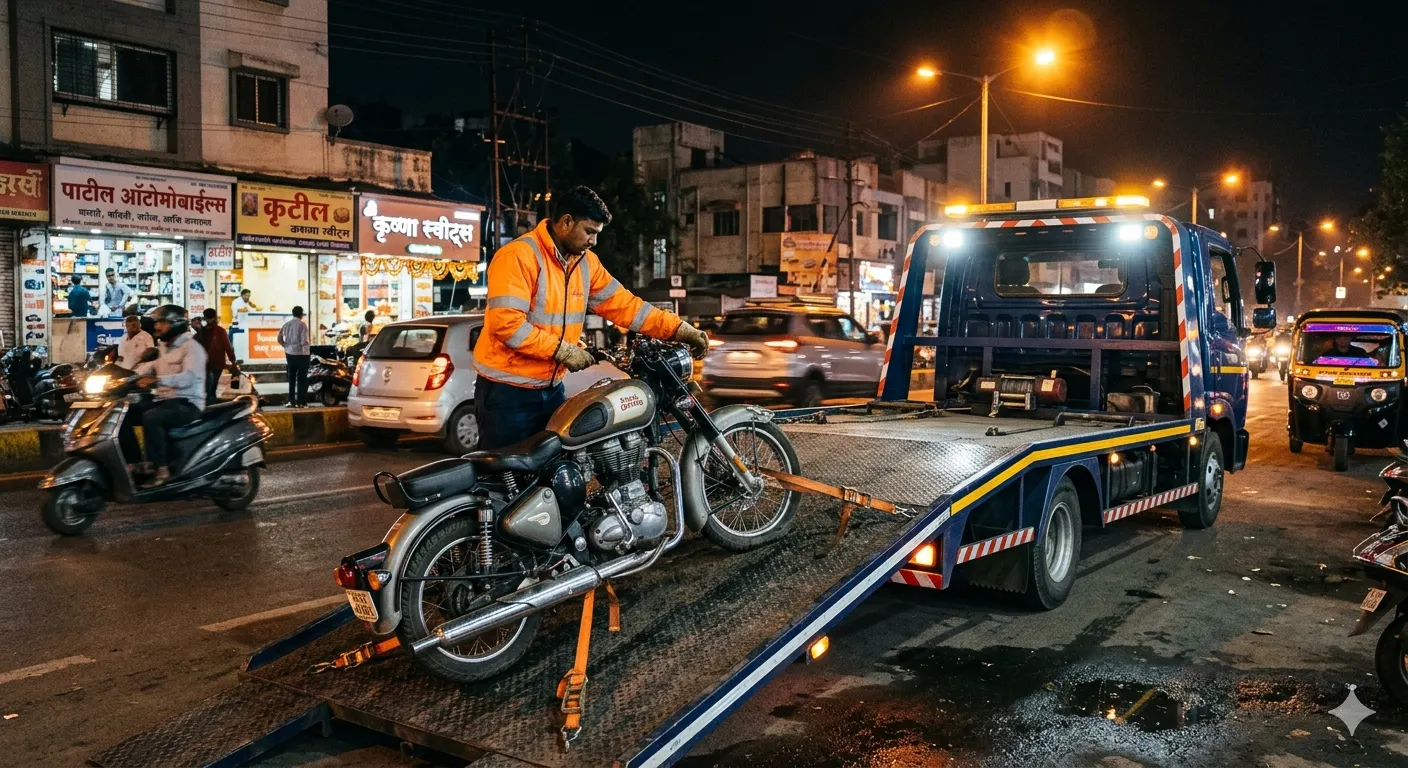 Flatbed tow truck loading a car on roadside in Pune