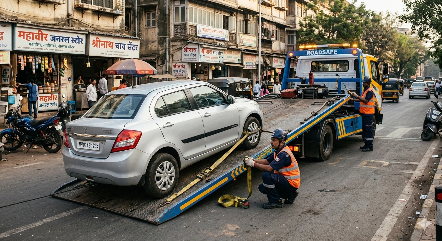 Professional flatbed car towing operation