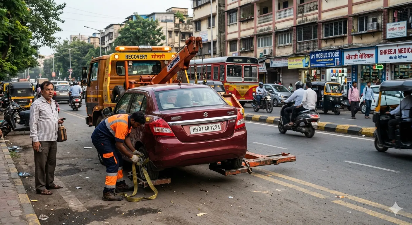 Flatbed tow truck carrying a disabled vehicle during emergency recovery