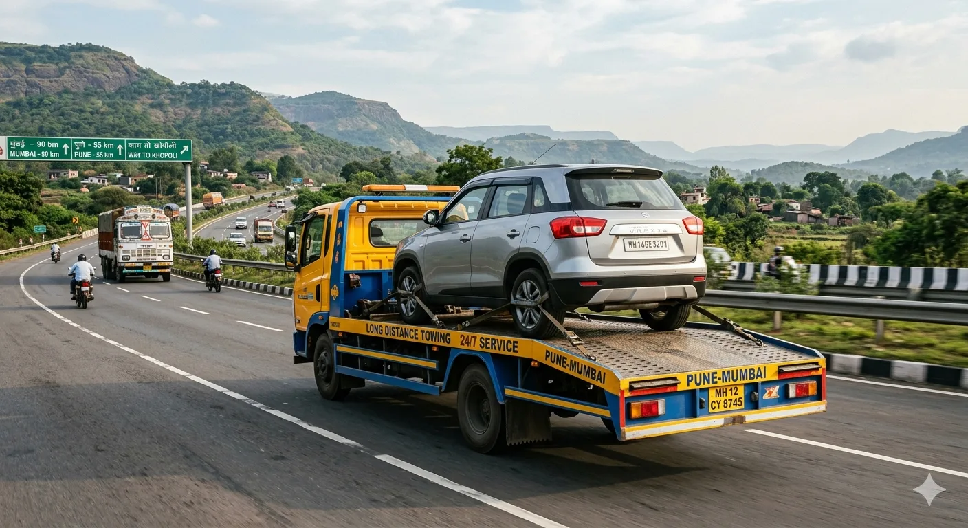 Long distance towing truck carrying a vehicle on highway