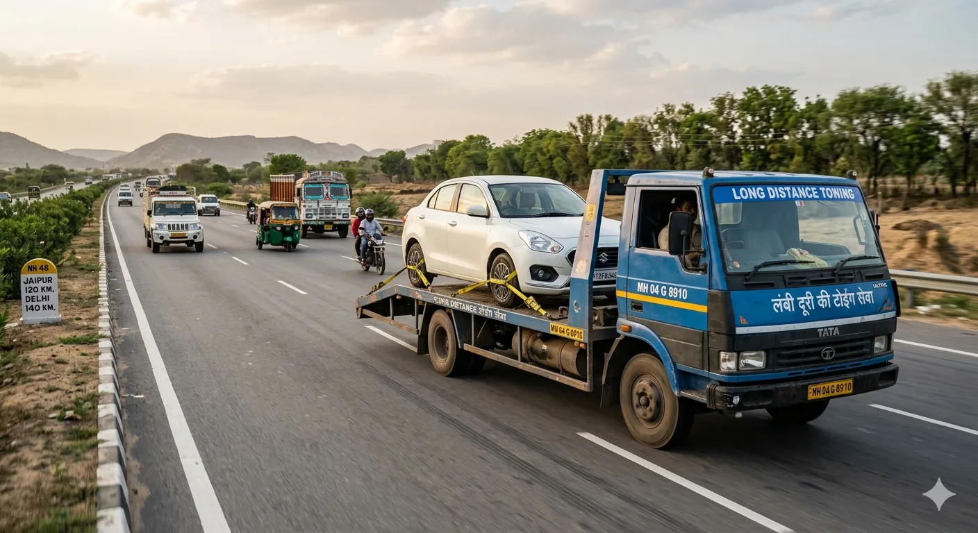 Vehicle being transported for long distance towing service