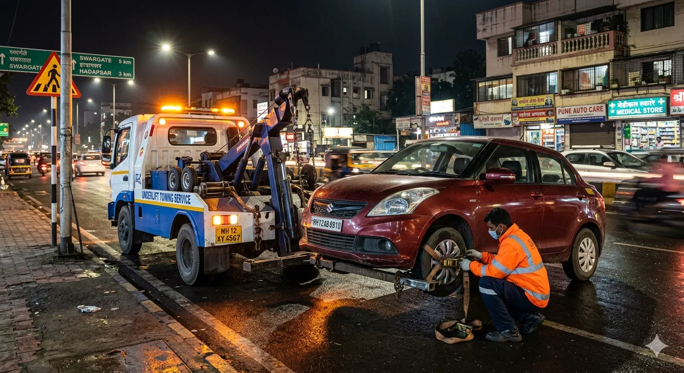 Flatbed tow truck loading a car on roadside in Pune